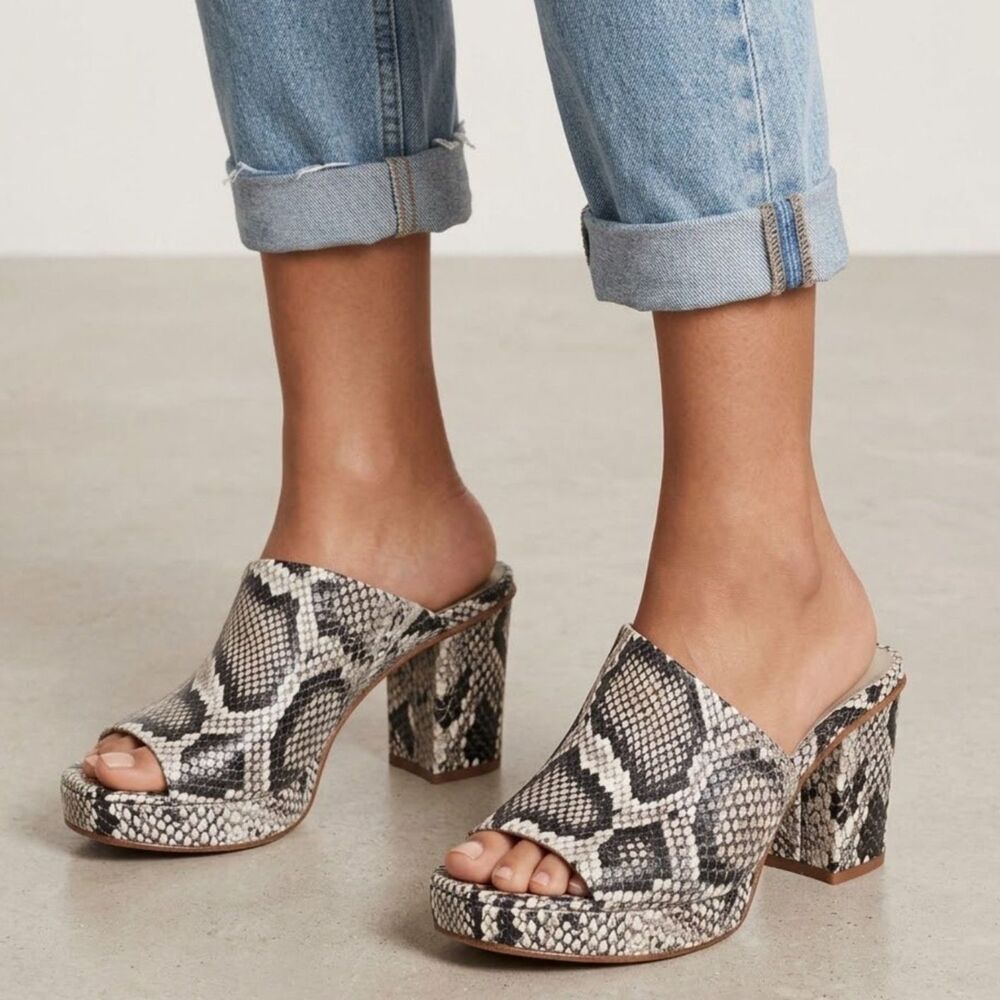 Vince Mule Clogs 8 Slide Platform Chunky Block Heel Open Toe Snake Grey Wyatt